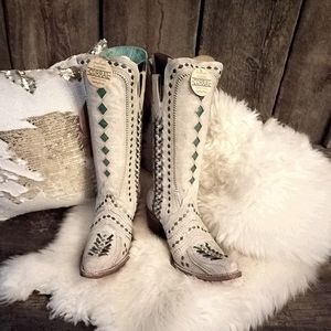 Corral White Inlay Embroidered Woven Studs Boots